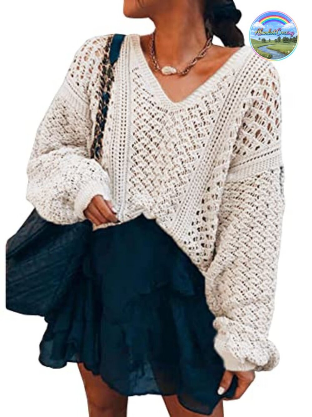 Women's Oversized V Neck Off Shoulder Crochet Sweater Batwing Sleeve Pullover